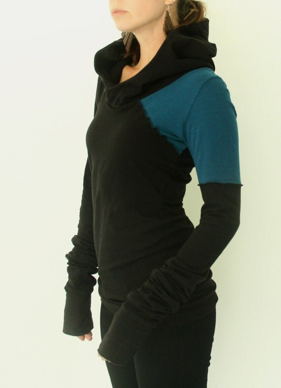 Hooded top/extra long sleeves/Black with Teal asymmetrical shoulder accents