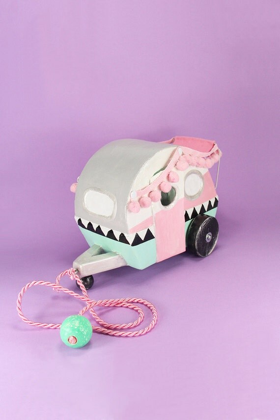 retro camper pull toy in mint and pink, caravan art sculpture for nursery