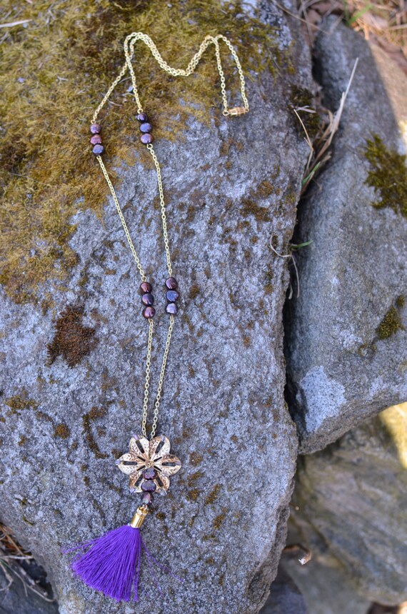 Long Gold Flower Pendant Necklace with Purple Tassel Pearls