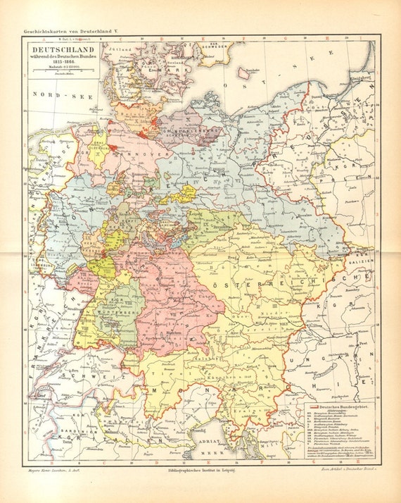 1894 Map of the German Empire 1815-1866 German Confederation