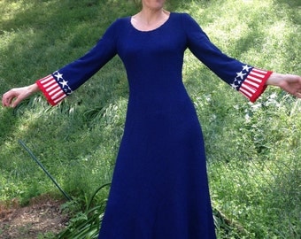 VTG 60's 70's Red white Blue maxi Dress Picardo Knits 4th of July star stripe