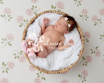 Boho style braided leather halo with light pink or white paper cabbage roses for newborns