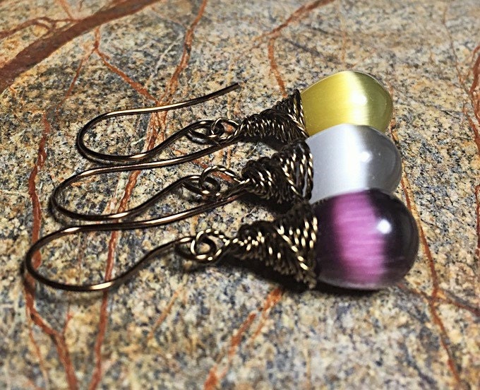 Cats Eye Glass Earrings / Fiber Optic Earrings / Antiqued