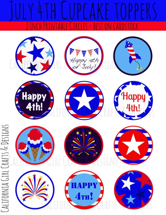 Fourth of July Cupcake Toppers 12 2 printable circles