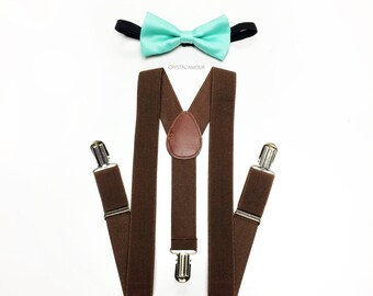 toddlers outfit, boys suspenders, mint bowtie, brown suspenders, toddler suspenders, boy suspenders, boys suspenders, brown suspenders set