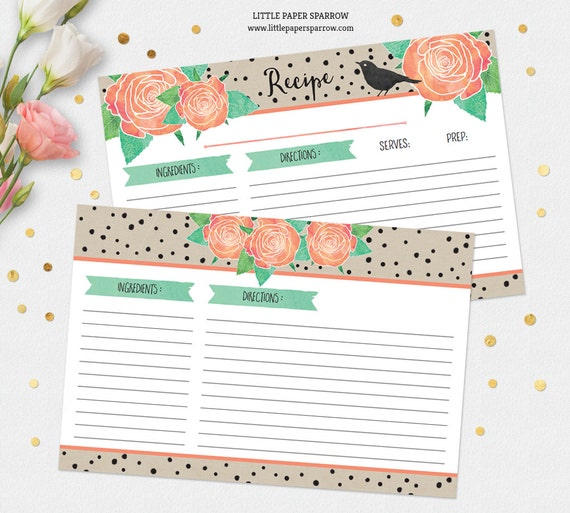 Printable RECIPE CARD Template Dividers Watercolor Roses