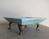 Pedestal Wood Ring-CatchAll-Change Holder-UpCycled Repurposed Wood Frame-Painted Distress-Blue Yellow Green-Vintage Legs Added Pedestal Wood Ring-CatchAll-Change Holder-UpCycled Repurposed Wood Frame-Painted Distress-Blue Yellow Green-Vintage Legs Added