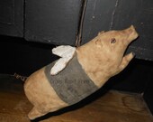 Pig Primitive Animal Flying doll with Vintage quilt wings Crows Roost Prims