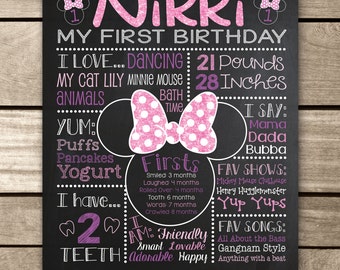 First Birthday Chalkboard Sign, Digital Design, Minnie Mouse, First Birthday Board, Print Yourself File, Birthday Chalkboard, Birthday Board