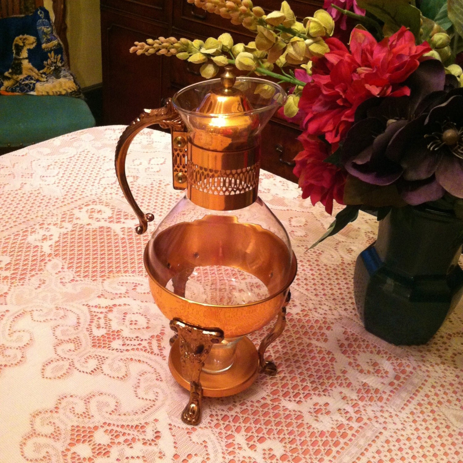 Princess House Crystal & Copper Coffee / Tea Carafe Warmer Elegant