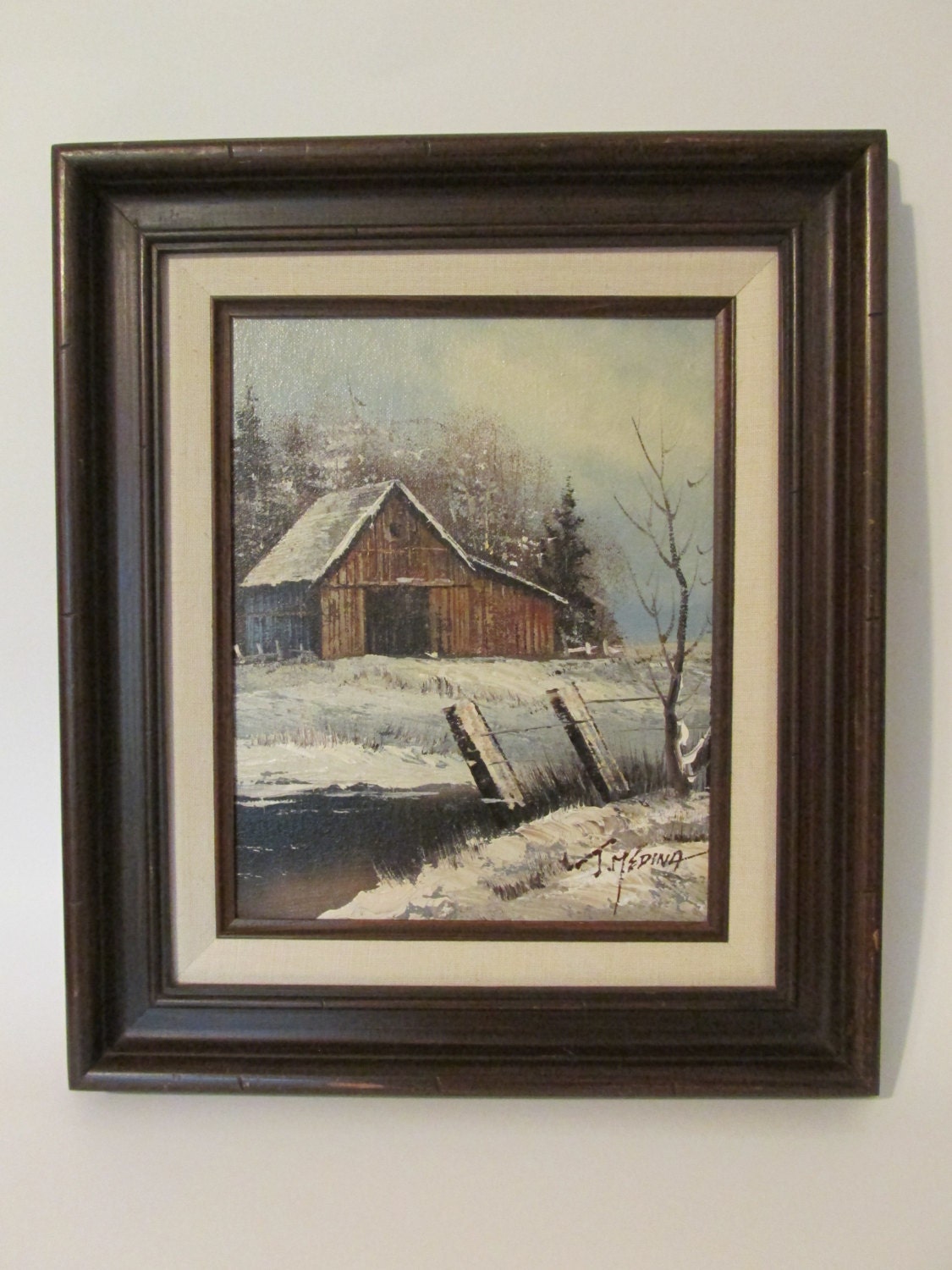 Vintage Framed T. Medina Oil Painting Snowy Winter Barn Farm