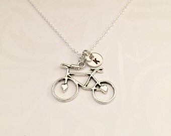 Antique Silver Bicycle Necklace with Initial of Choice Gift for Bicyclist Bike Rider, Bicycle, Bike, Bike Racer, Hiker, Bike Race Jewelry