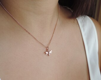 Honey Bee Necklace • Rose Gold Bumble Bee 3D Cute Mini Charm • Queen Bee Insect Necklace • Everyday Jewelry Mothers Sisters Gift for her