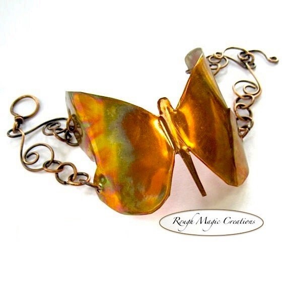Items similar to Copper Butterfly Cuff Bracelet Hand Metal Oxidized Copper Chain on Etsy