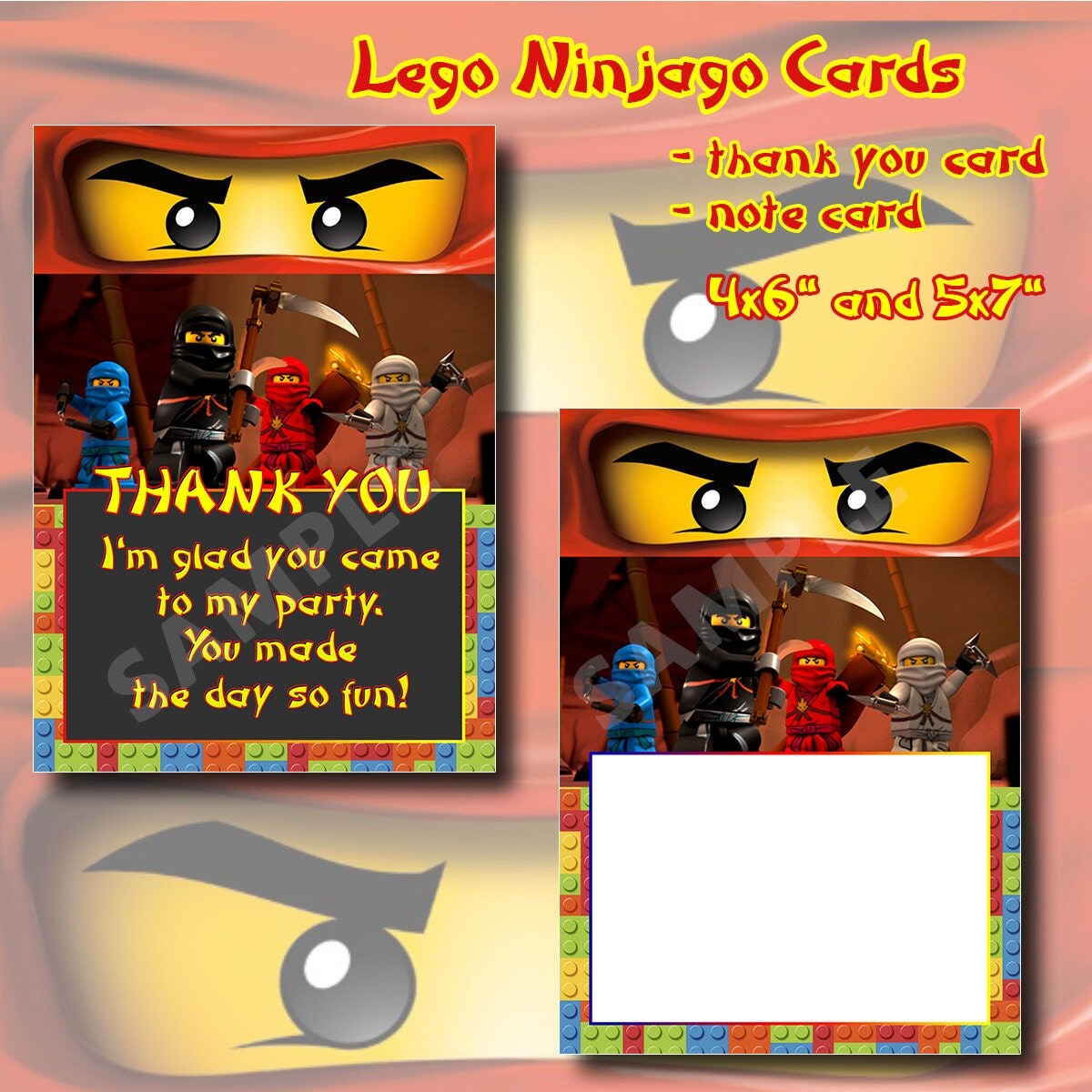 Lego Ninjago Thank You Card Note Card Kid's Birthday by DigiPi