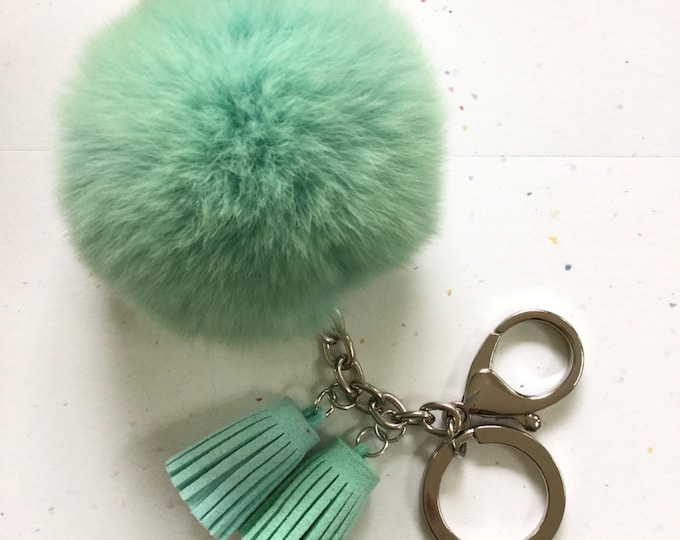 Fur pom pom keychain candy green REX Rabbit bag charm ball with two gradient color leather tassels