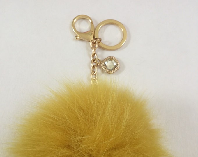 Rusty Yellow Fox Fur Pom Pom keychain ball luxury bag pendant with clear crystal charm