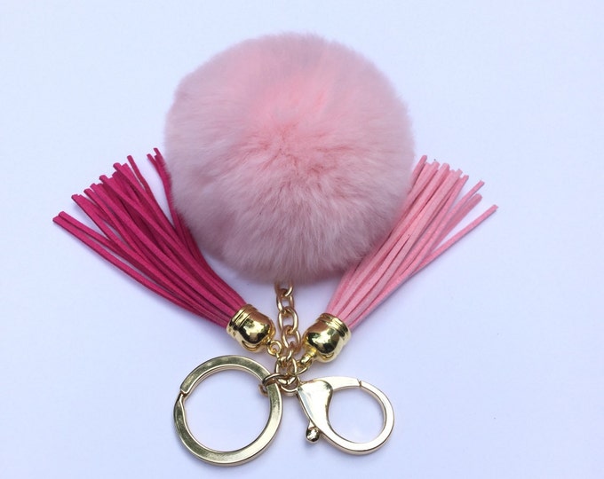Fur pom pom keychain bag, purse pendant charm in light pink with two 3.5 inch leather tassels