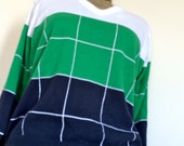 Vintage Woman's Sport Sweater  V Neck | Lady La Mode Active Sportswear LA | Green Navy Blue White w/Geometric Grid | Classic 70s Golf Sport