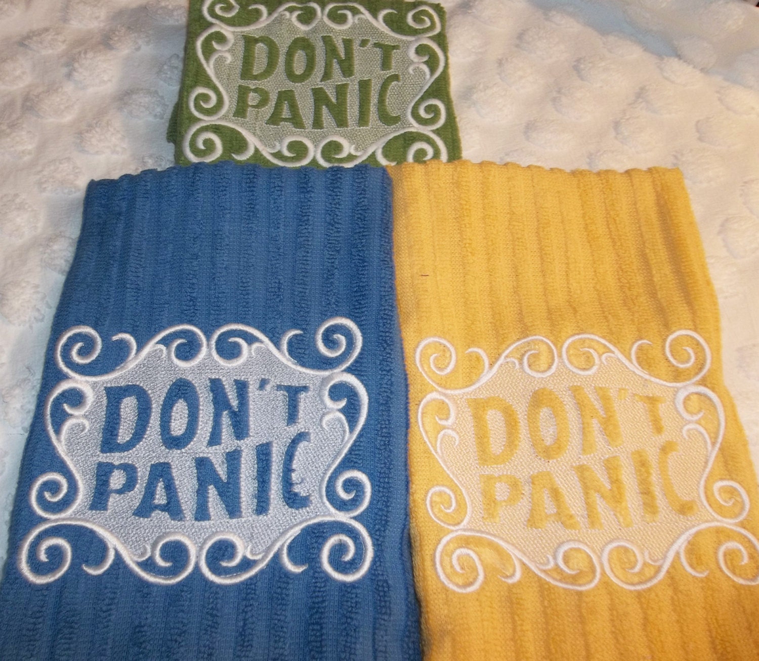 DON'T PANIC Towel Hitchhikers Guide Geek Embroidered
