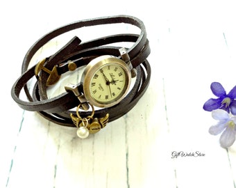 Retro Leather Watch, Leather Wrap Watch, Leather Bracelet Watch, Wrist Leather Watch, Vintage Leather Watch "Heart" charm, Black
