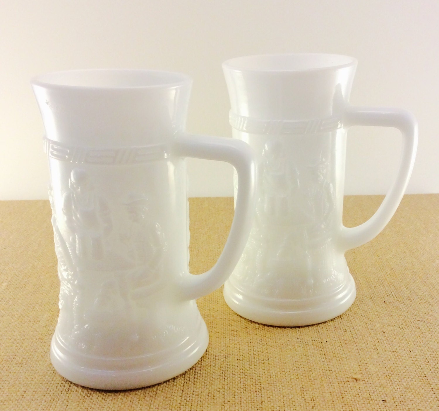 Vintage Embossed White Milk Glass Mugs Beer Steins Set of 2