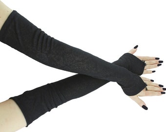 Black extra long fingerless gloves, arm warmers gothic burlesque vintage bohemian, womens evening gloves goth lolita wedding 1170A