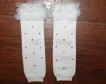 BLING White and Gold Baby Leg Warmers with Ruffles, Baby Leg Warmers, Gold Baby Leggings