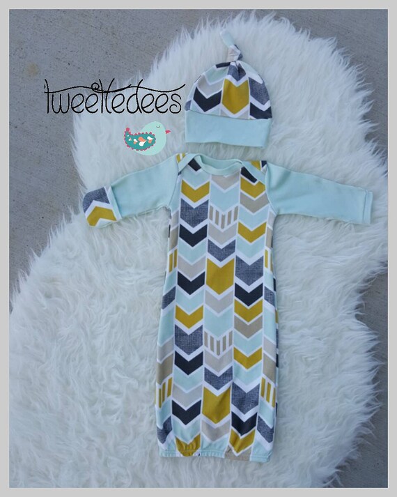 Items similar to Organic newborn baby boy gown with fold over mitts and