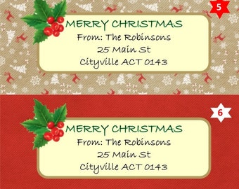 Christmas return address labels rustic xmas series 2 six designs matte or gloss finish personalised xmas card labels envelope seals