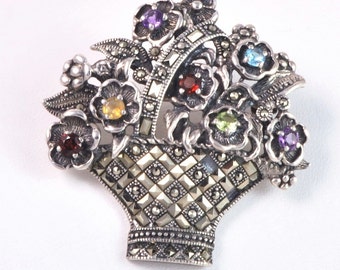 Vintage 925 Sterling Silver, Marcasite & Gemstone Basket Pin
