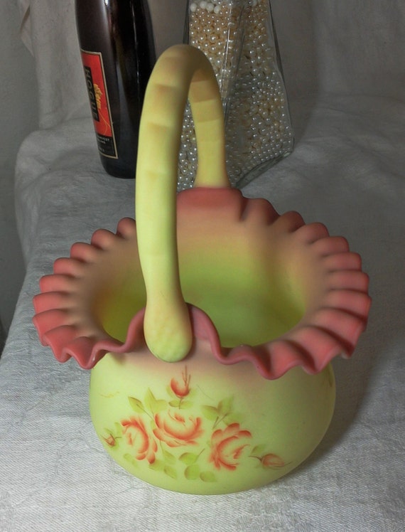 Large Fenton Burmese Basket Hand Painted Signed Mint