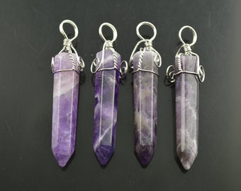 1pc Long Natural Amethyst Pillar Sharp Point Wire Wrapped Stone Pendant Jewelry necklace making materials