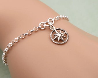Sterling Silver Compass Bracelet, Graduation Gift, Friendship Bracelet, Compass Rose, Compass Jewelry, Silver Compass Charm