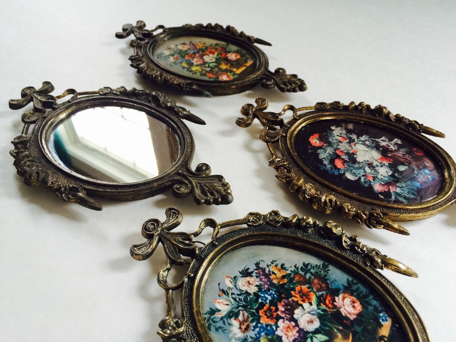 Brass Filigree Oval Frames & Mirror Set Made in Italy Vintage