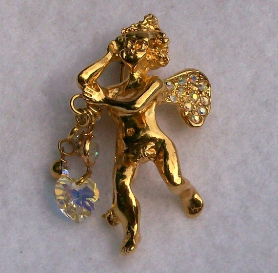 Kirks Folly Angel Cherub Brooch Pin With Clear Ab Crystal 