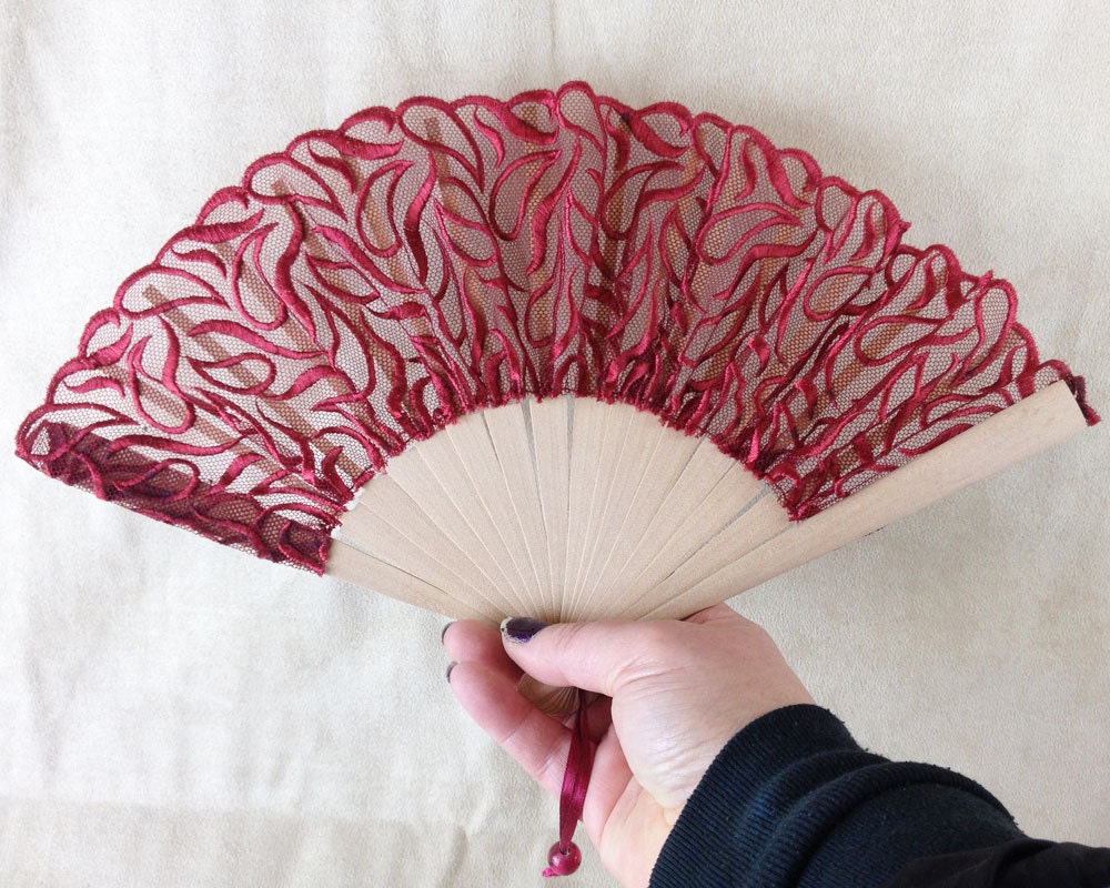 Folding Lace Hand Fan. Cherry Red. READY to SHIP. Fits in your