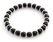 Black Agate and Silver Sweetie Bracelet / Boho Chic Boheme Stretchy Bracelet / Genuine Gemstone Stacking Bracelet