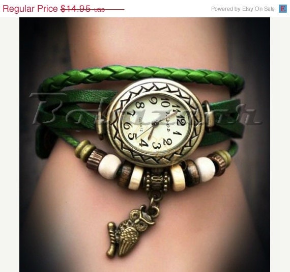 ON SALE Ladies' Vintage Style Watch - Leather Weave Band with Beads ...
