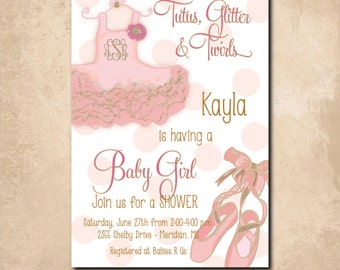Baby Girl Shower Invitation -"Tutus, Glitter and Twirls" with gold glitter detail & monogram /digital file/printable/wording can be changed