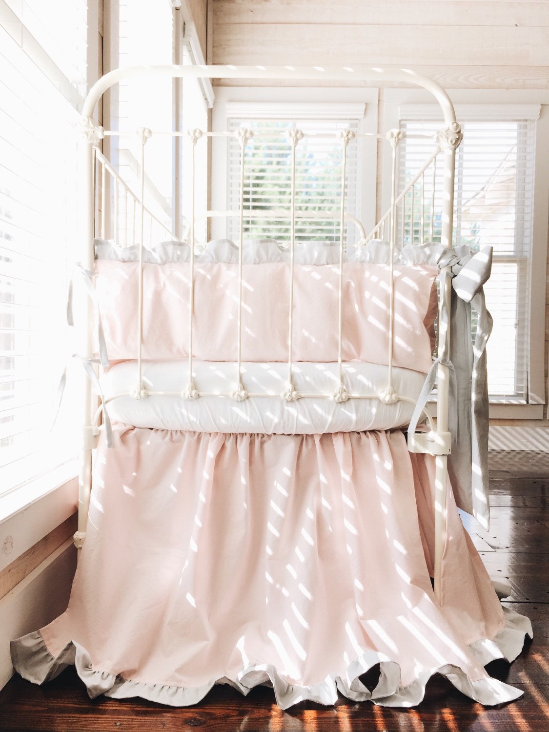 Cinderella Ruffled Washed Cotton Crib Bedding in Baby Pink and