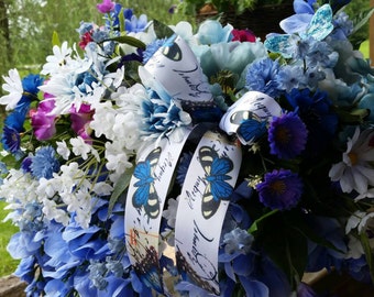 Blue floral cemetary headstone saddle