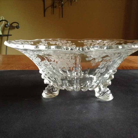 Vintage Floral Etched Glass Bowl Flower Basket Pattern