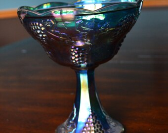 Vintage Blue Carnival Glass Compote Pedestal Bowl Harvest Grape Indiana Glass Co. (7.5")