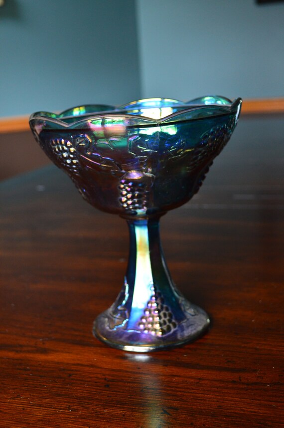 Vintage Blue Carnival Glass Compote Pedestal Bowl Harvest