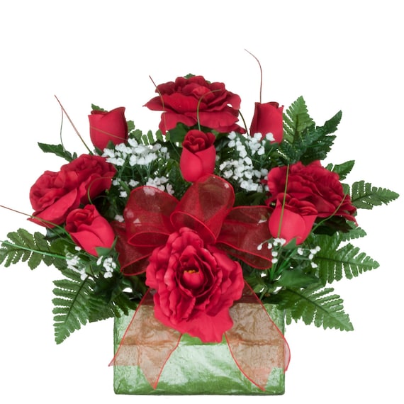 Red Roses Monument Brick Flower Arrangement Cemetery Flowers