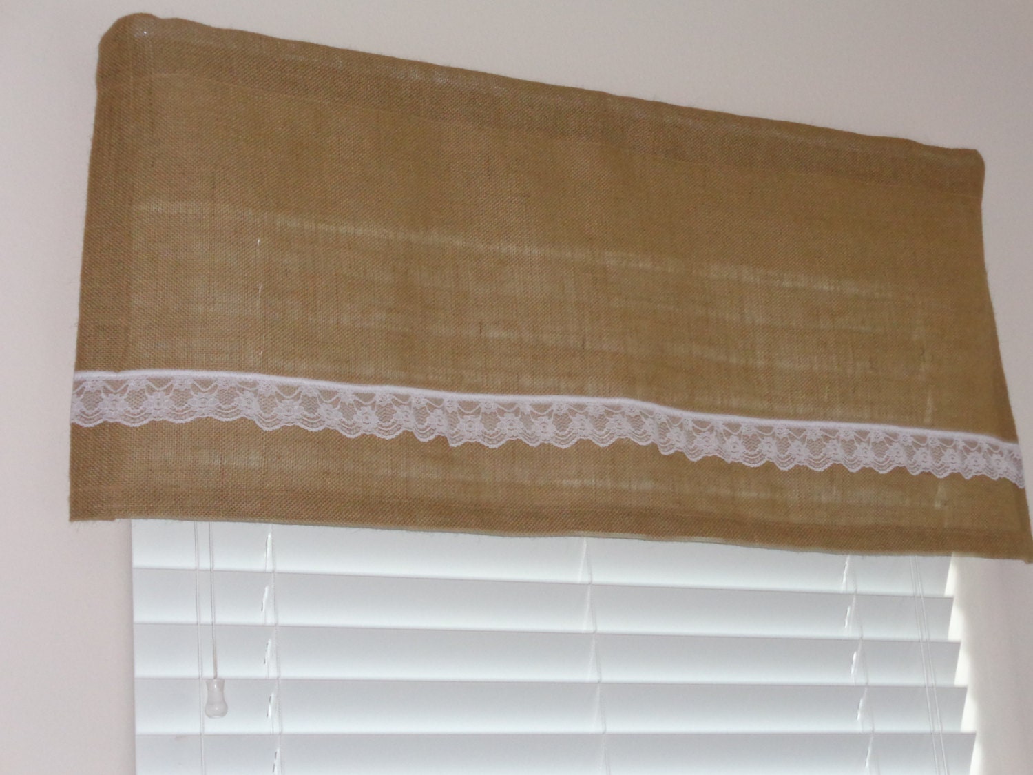 Burlap 100 Jute Valance with White Lace by SewnDesignsByGayle