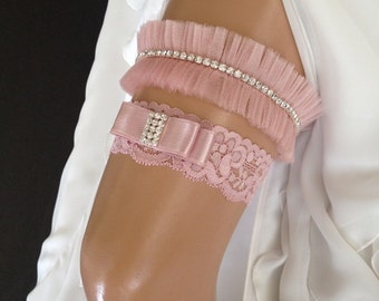 wedding garter set, blush pink bridal garter set, blush pink bow, crystal rhinestone/gold/silver