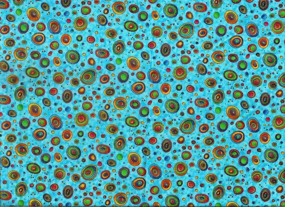 Quilting Treasures Leapin Lizards. 100% cotton fabric, blue with multi-colored polka dots. ~31