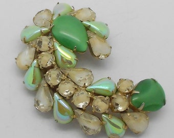 CLEARANCE! 30% OFF! Large Vintage Beau Jewels or Judy Lee Green Moon Glow Cabochon Iridescent/Opalescent rhinestone brooch